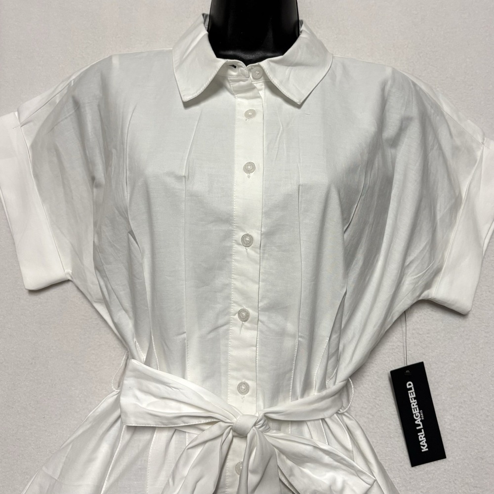 NWT KARL LAGERFELD PARIS Tie-waist Paris Border Dress, White Multi, 6, $169 - Picture 3 of 14